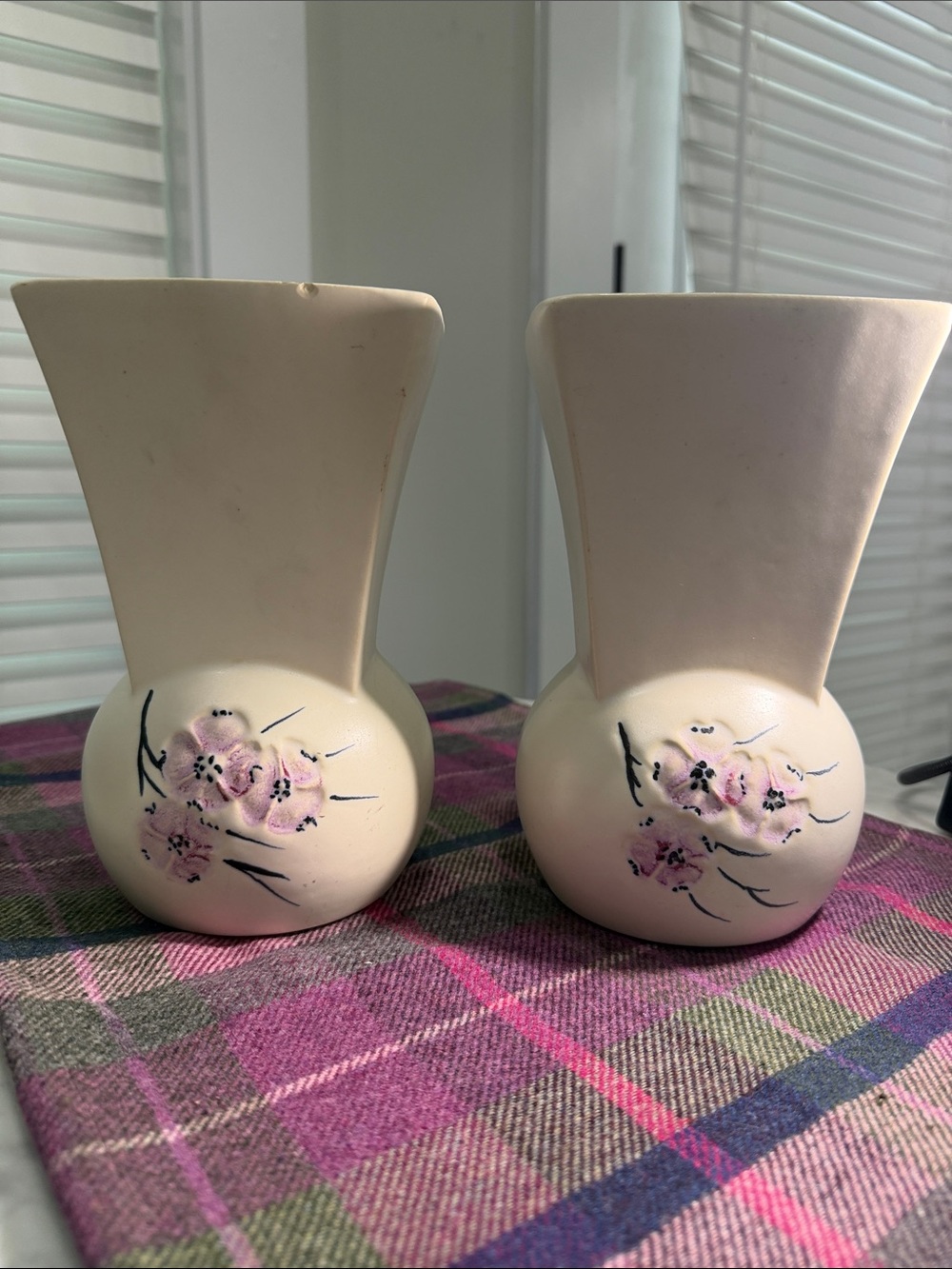 Vintage McCoy Spring Wood Vase Pair 7.5” Ivory Dogwood Floral MCM USA Pottery